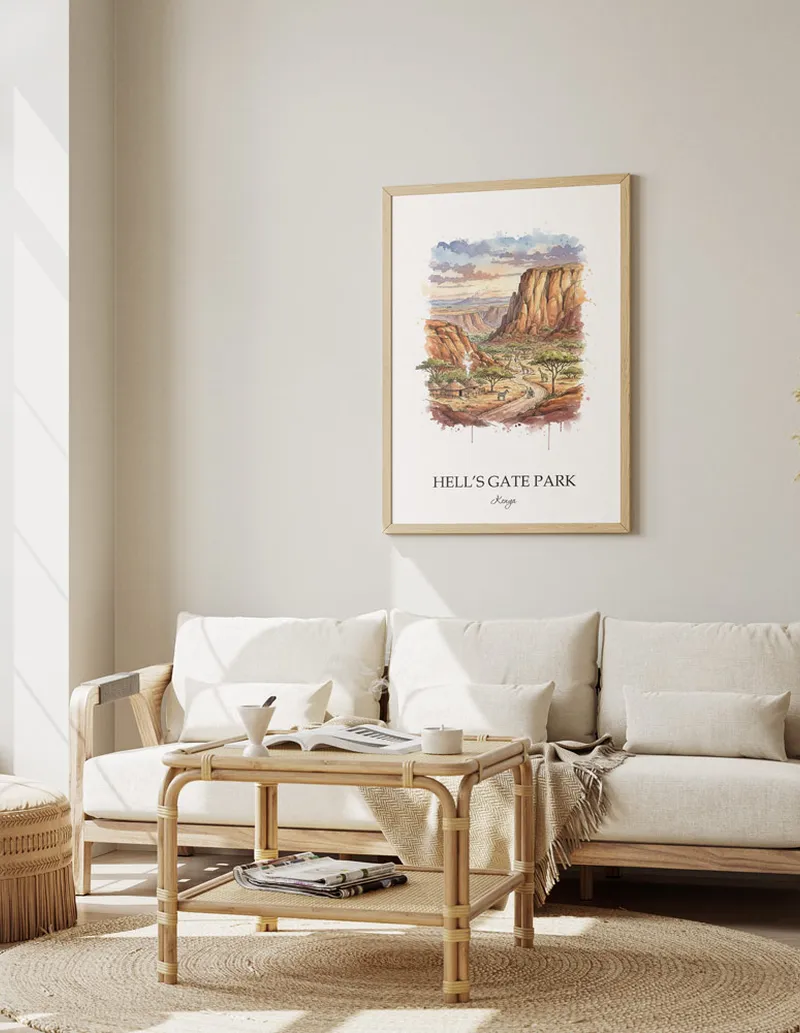 A gorgeous boho-inspired living space with a framed vintage travel poster of Hell's Gate Park in Kenya on display.