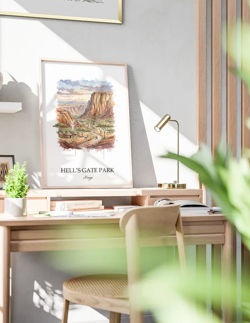 A close-up of a high-quality paper print featuring the Hell's Gate Park in Kenya minimalist design.