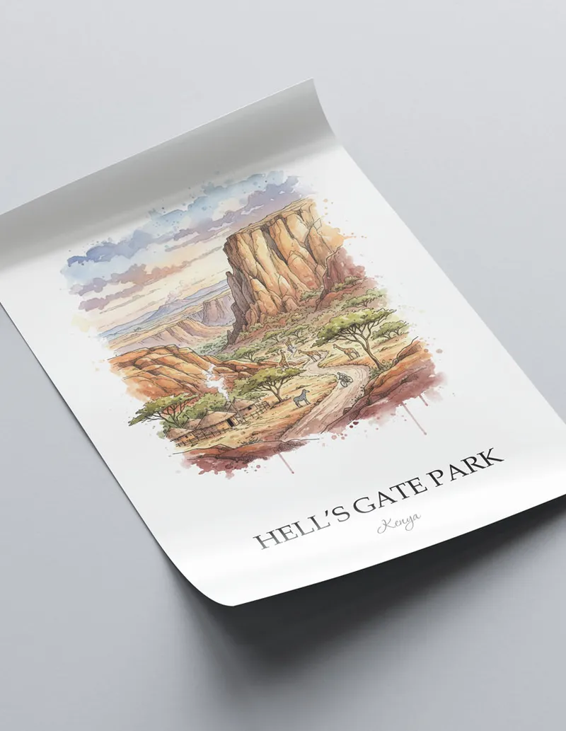 Minimalist poster of Hell's Gate Park in Kenya in a light frame standing on the floor in a dark moody interior.
