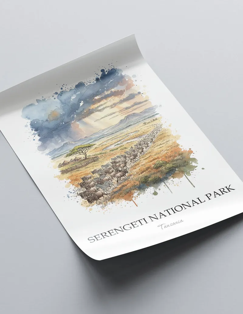 Minimalist poster of Serengeti National Park in Tanzania in a light frame standing on the floor in a dark moody interior.
