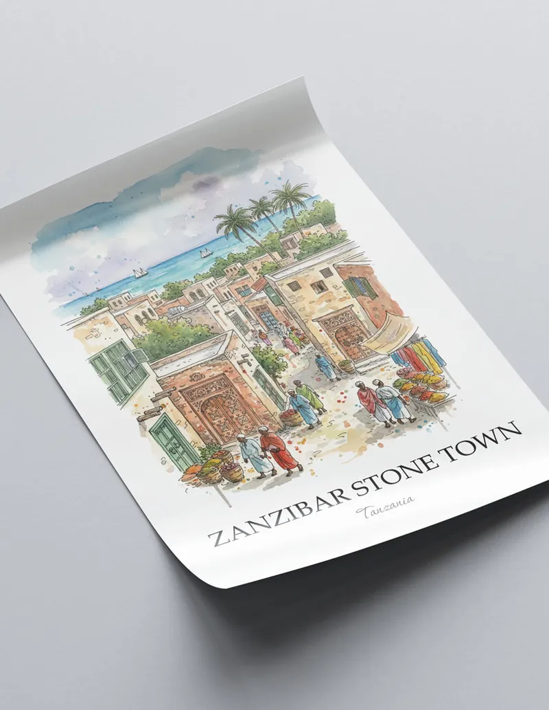 Minimalist poster of Zanzibar Stone Town in Tanzania in a light frame standing on the floor in a dark moody interior.