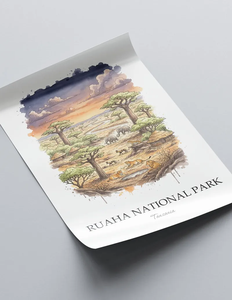 Minimalist poster of Ruaha National Park in Tanzania in a light frame standing on the floor in a dark moody interior.