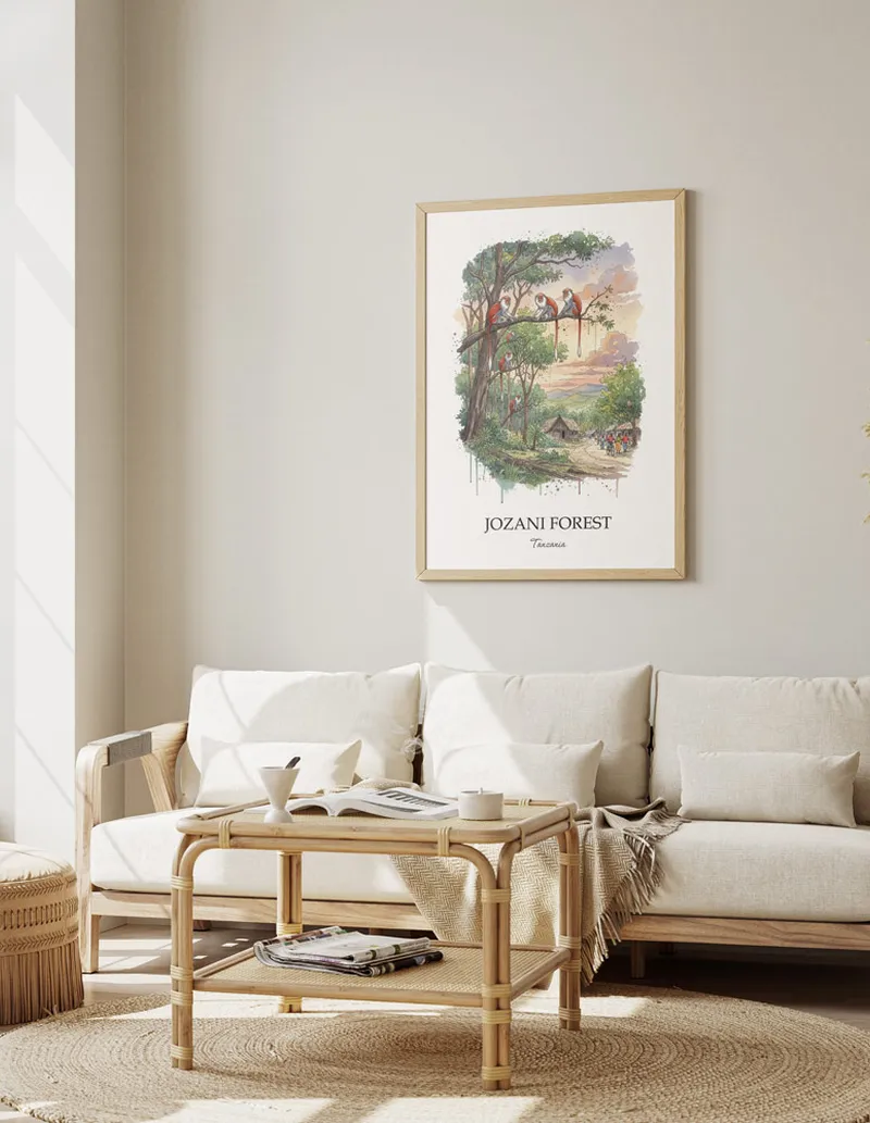 A gorgeous boho-inspired living space with a framed vintage travel poster of Jozani Forest in Tanzania on display.