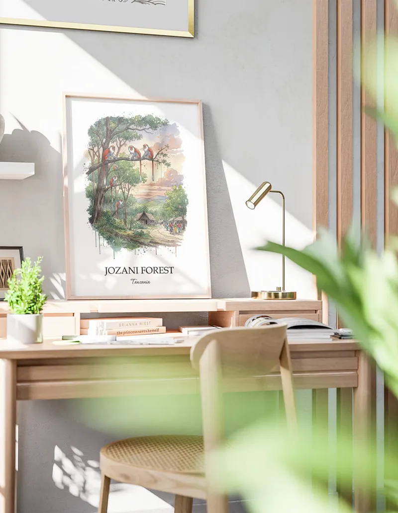 A close-up of a high-quality paper print featuring the Jozani Forest in Tanzania minimalist design.