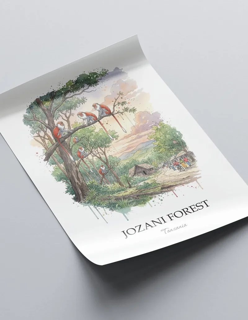 Minimalist poster of Jozani Forest in Tanzania in a light frame standing on the floor in a dark moody interior.