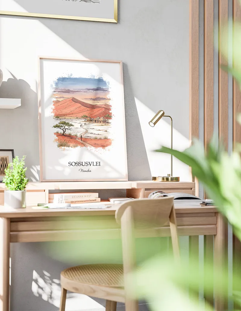 A close-up of a high-quality paper print featuring the Sossusvlei in Namibia minimalist design.