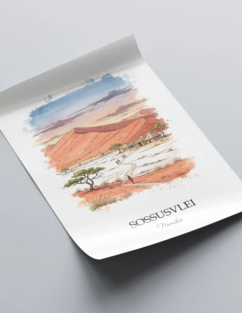 Minimalist poster of Sossusvlei in Namibia in a light frame standing on the floor in a dark moody interior.