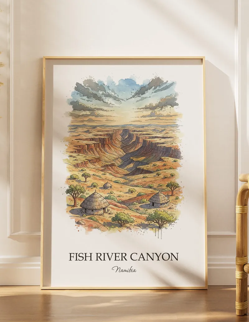 A lovely interior preview showcasing a vintage-vibe travel poster design of the scenic Fish River Canyon in Namibia.