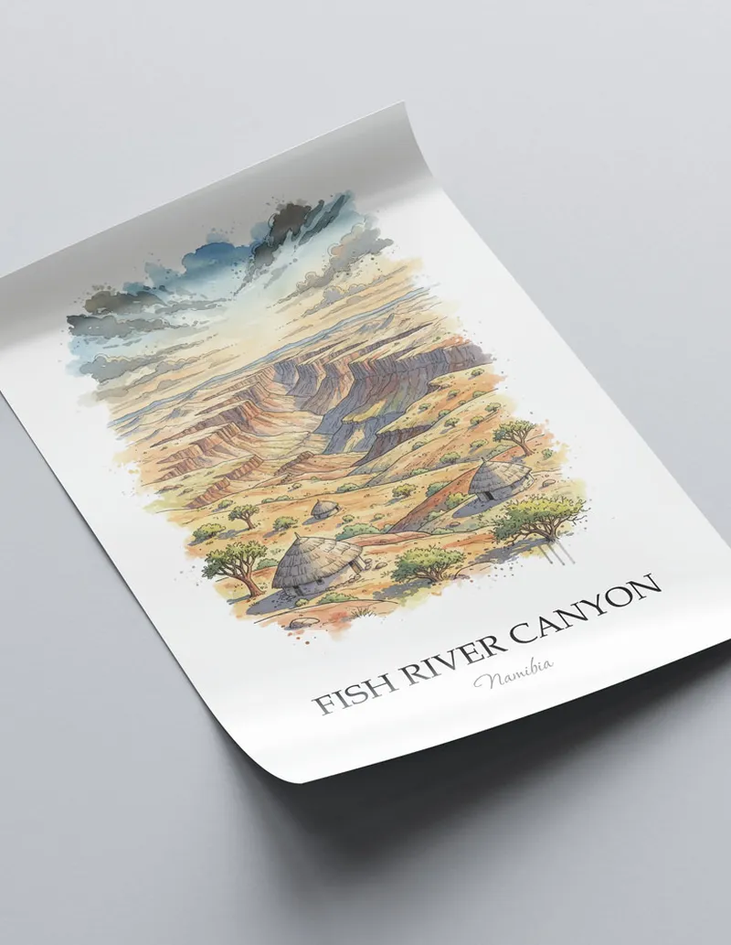 Minimalist poster of Fish River Canyon in Namibia in a light frame standing on the floor in a dark moody interior.