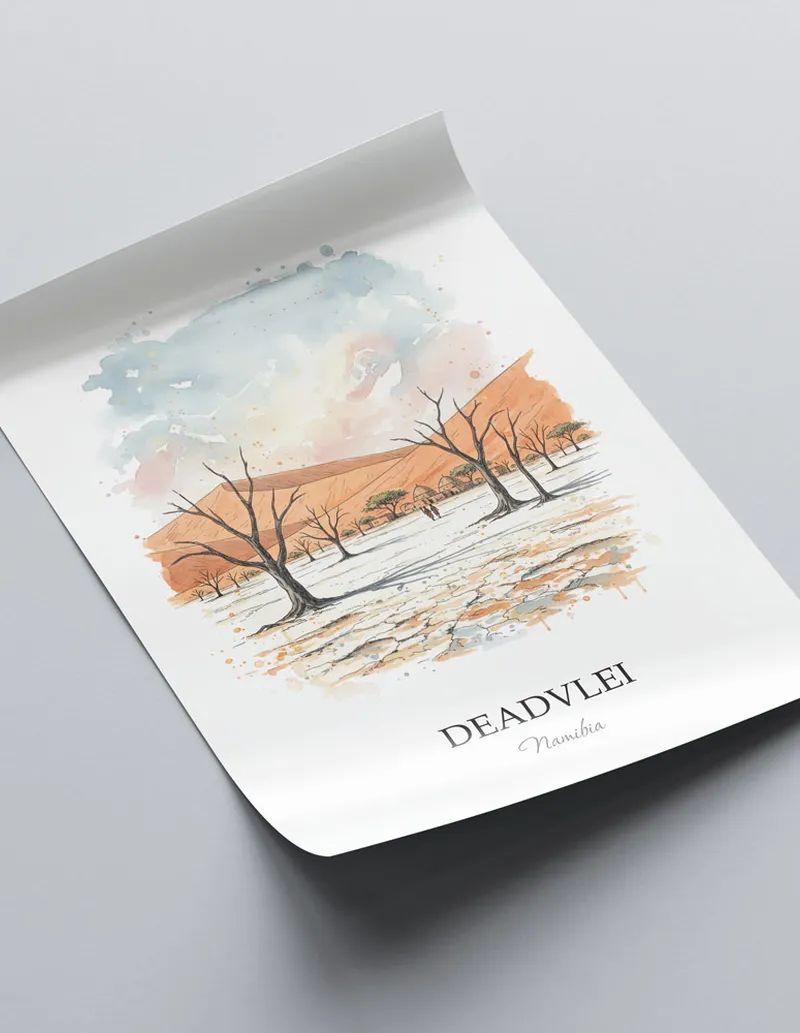 Minimalist poster of Deadvlei in Namibia in a light frame standing on the floor in a dark moody interior.