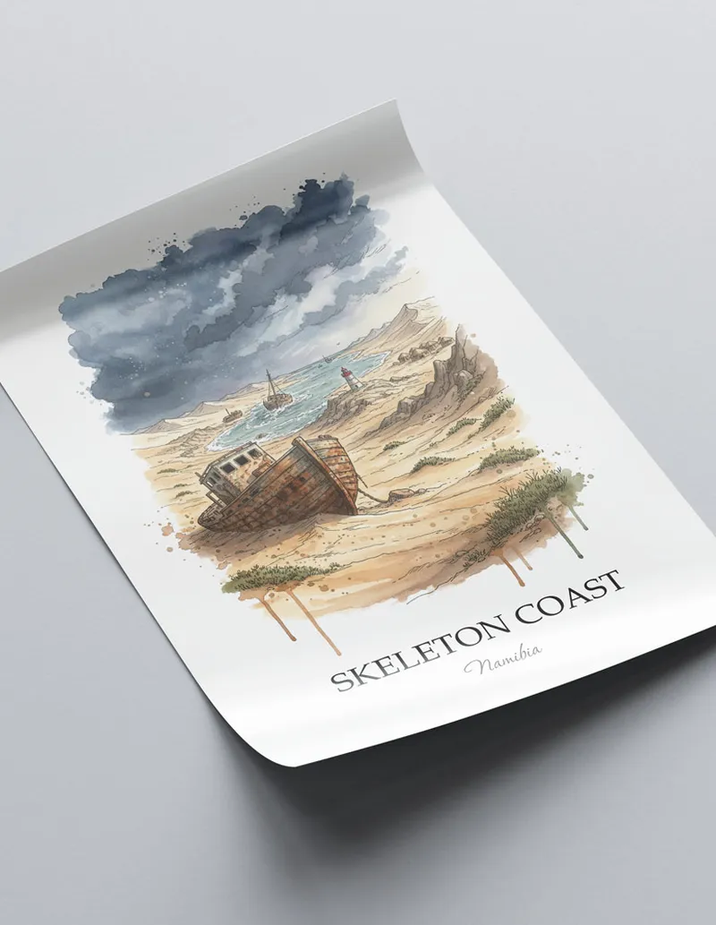 Minimalist poster of Skeleton Coast in Namibia in a light frame standing on the floor in a dark moody interior.