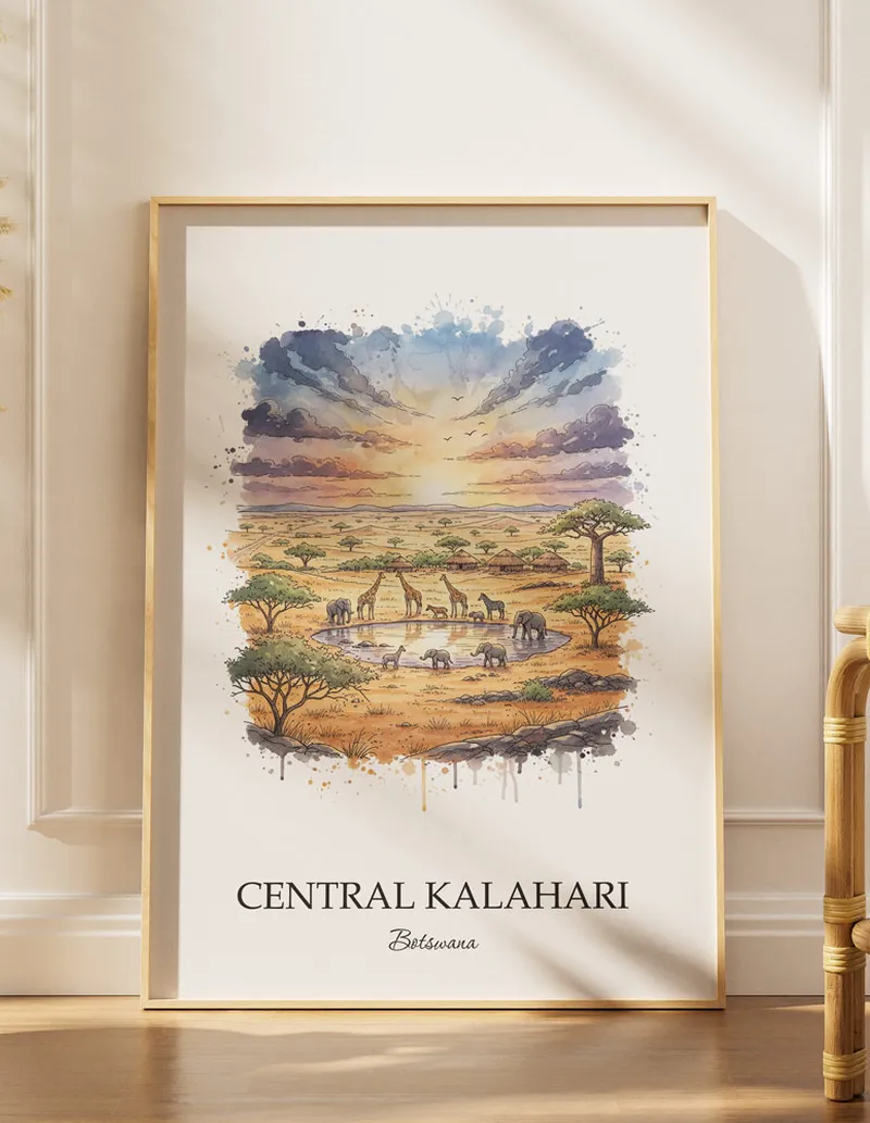 A lovely interior preview showcasing a vintage-vibe travel poster design of the scenic Central Kalahari in Botswana.