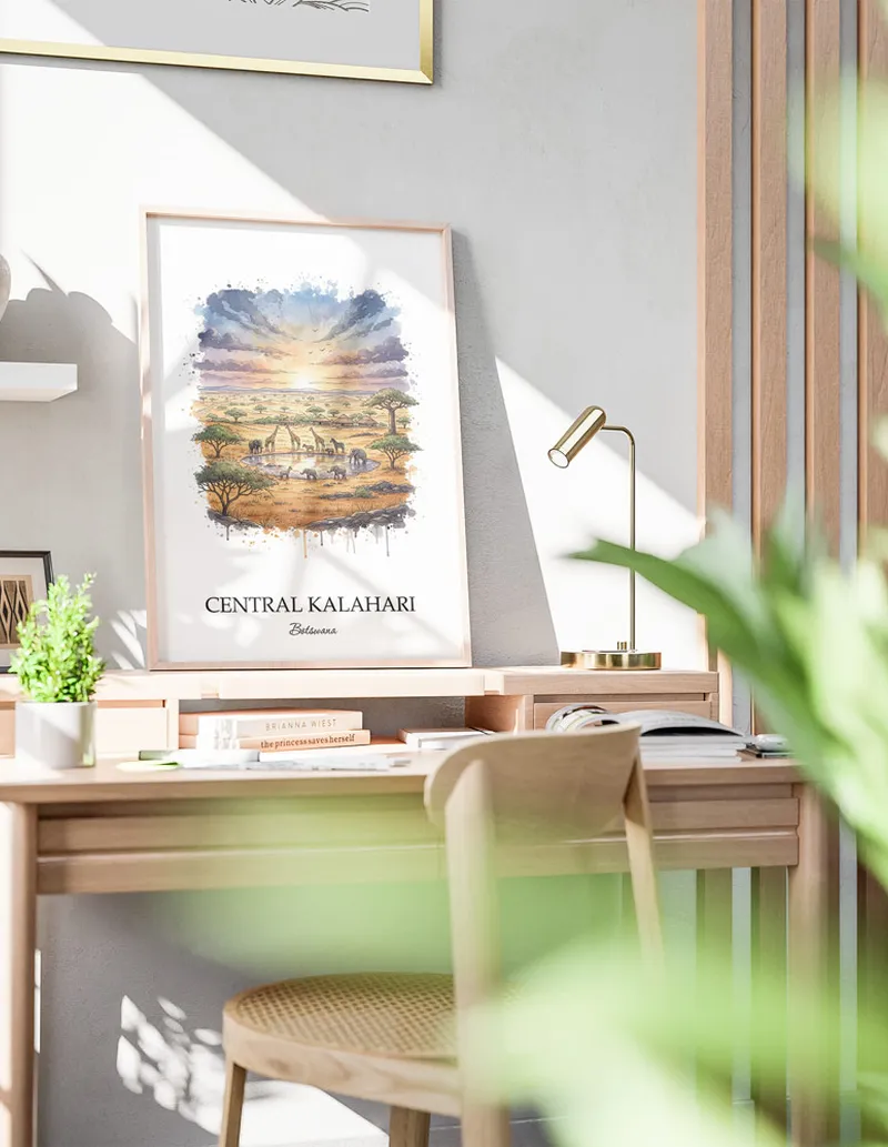 A close-up of a high-quality paper print featuring the Central Kalahari in Botswana minimalist design.