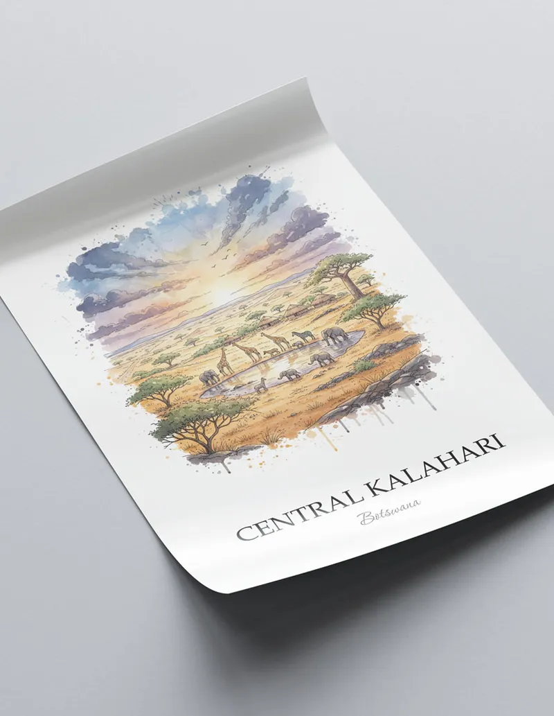 Minimalist poster of Central Kalahari in Botswana in a light frame standing on the floor in a dark moody interior.