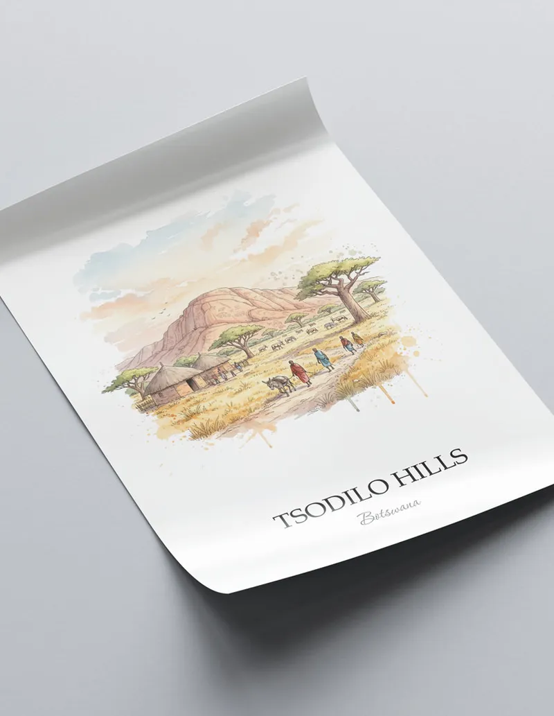 Minimalist poster of Tsodilo Hills in Botswana in a light frame standing on the floor in a dark moody interior.
