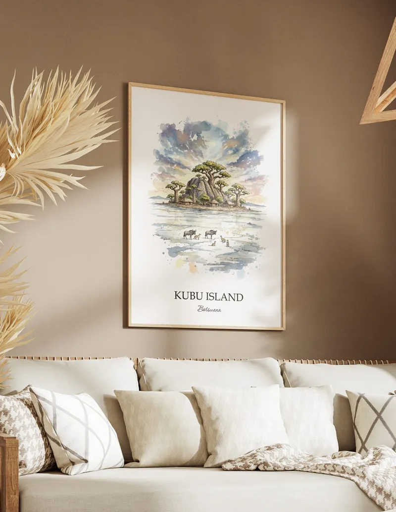 A clean and modern mockup showing a framed Kubu Island, Botswana print on a minimalist background.