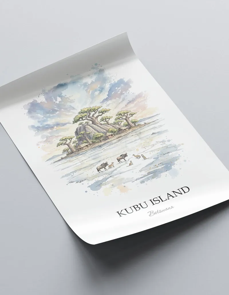 A lovely interior preview showcasing a vintage-vibe travel poster design of the scenic Kubu Island in Botswana.