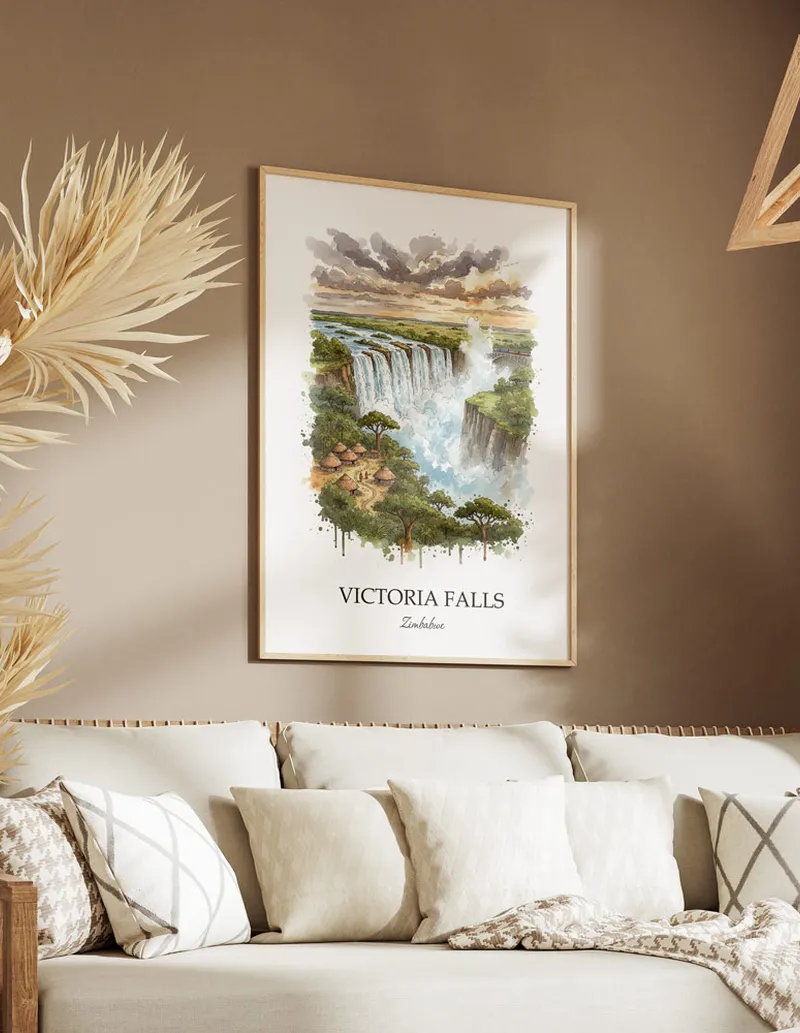 A clean and modern mockup showing a framed Victoria Falls, Zimbabwe print on a minimalist background.