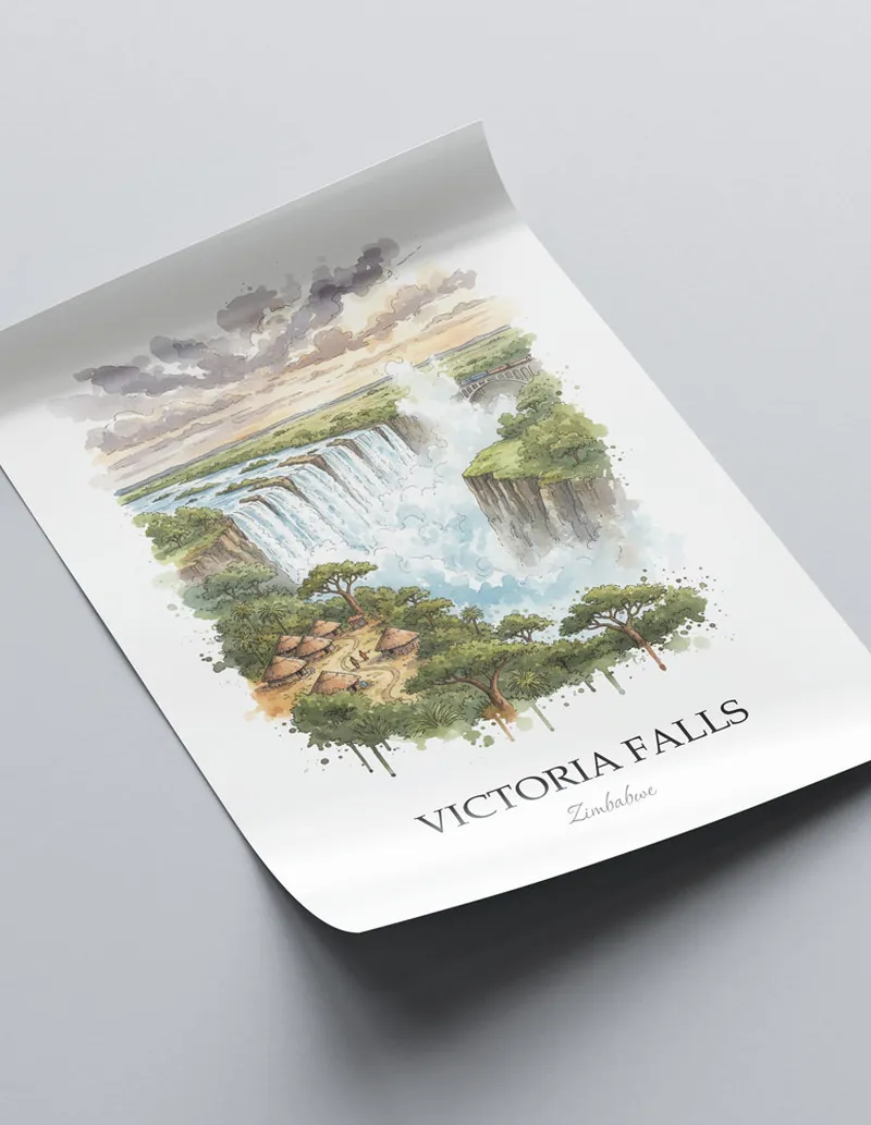 A lovely interior preview showcasing a vintage-vibe travel poster design of the scenic Victoria Falls in Zimbabwe.