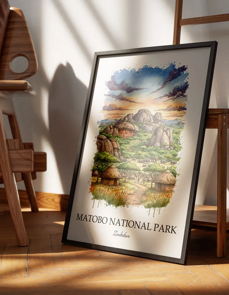 Framed wall art featuring Matobo National Park, Zimbabwe in a light wood frame hanging above a sofa in a modern living room.
