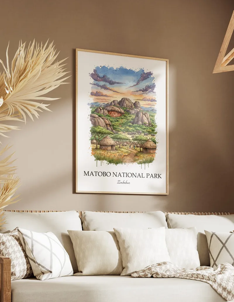 A clean and modern mockup showing a framed Matobo National Park, Zimbabwe print on a minimalist background.