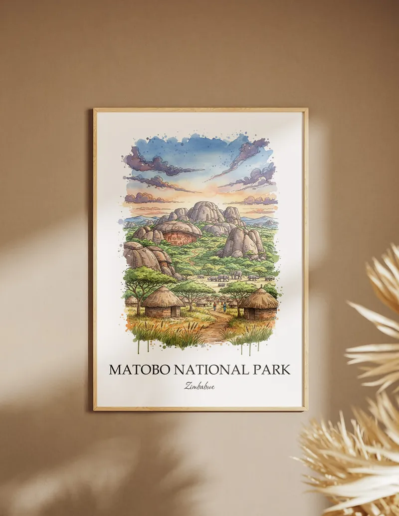 Minimalist poster of Matobo National Park in Zimbabwe in a light frame standing on the floor in a dark moody interior.