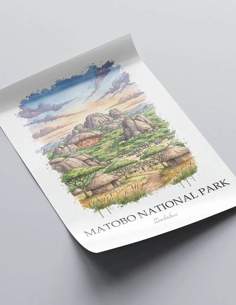 A lovely interior preview showcasing a vintage-vibe travel poster design of the scenic Matobo National Park in Zimbabwe.