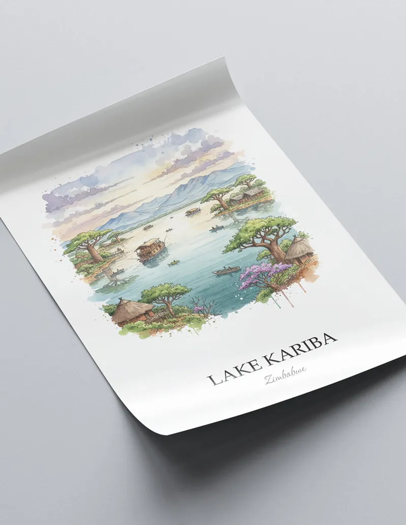 A lovely interior preview showcasing a vintage-vibe travel poster design of the scenic Lake Kariba in Zimbabwe.