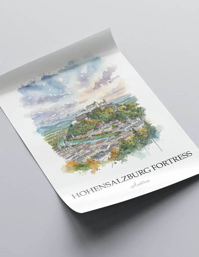 A close-up of a high-quality paper print featuring the Hohensalzburg Fortress in Austria minimalist design.