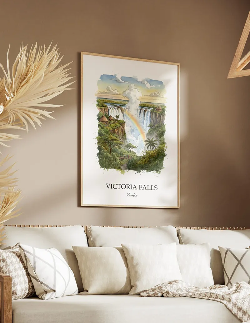 A clean and modern mockup showing a framed Victoria Falls, Zambia print on a minimalist background.