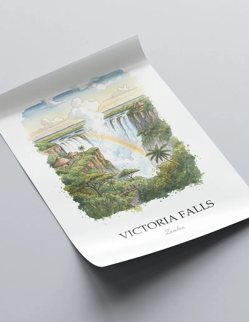 A lovely interior preview showcasing a vintage-vibe travel poster design of the scenic Victoria Falls in Zambia.