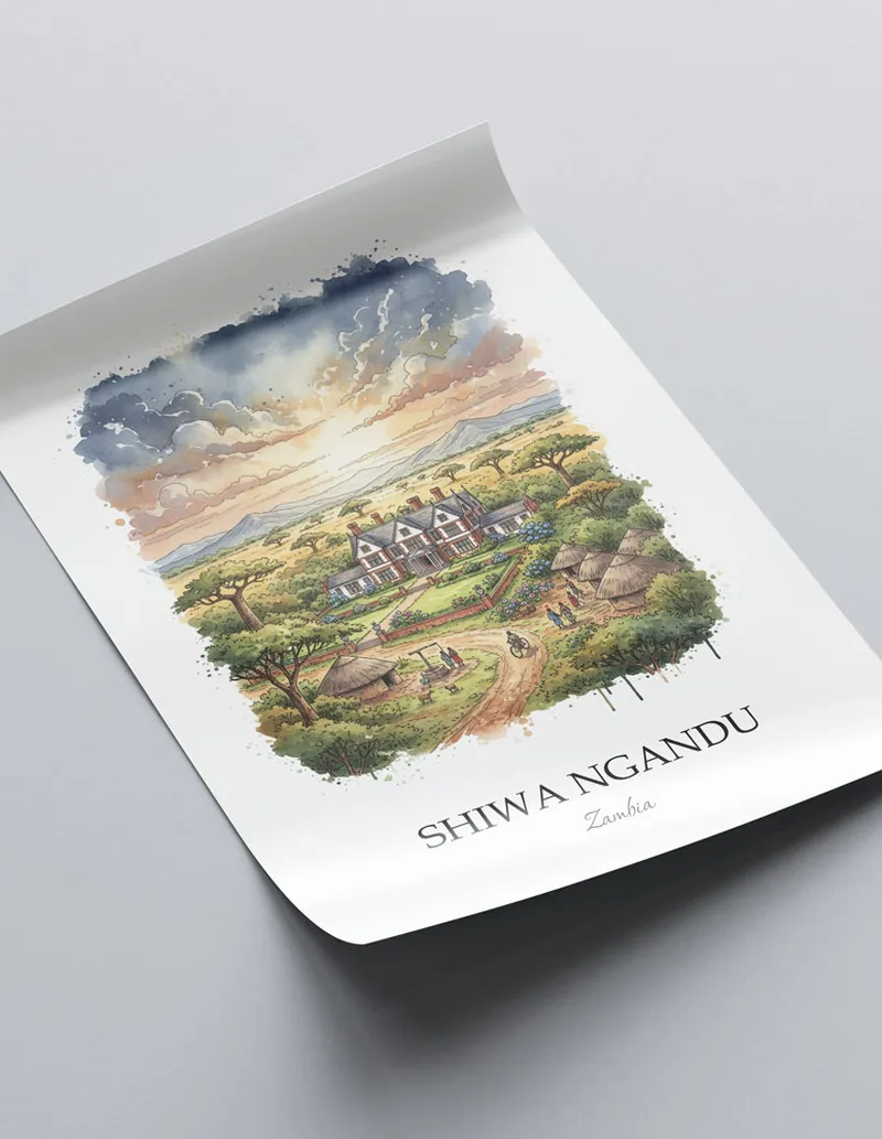 A lovely interior preview showcasing a vintage-vibe travel poster design of the scenic Shiwa Ngandu in Zambia.