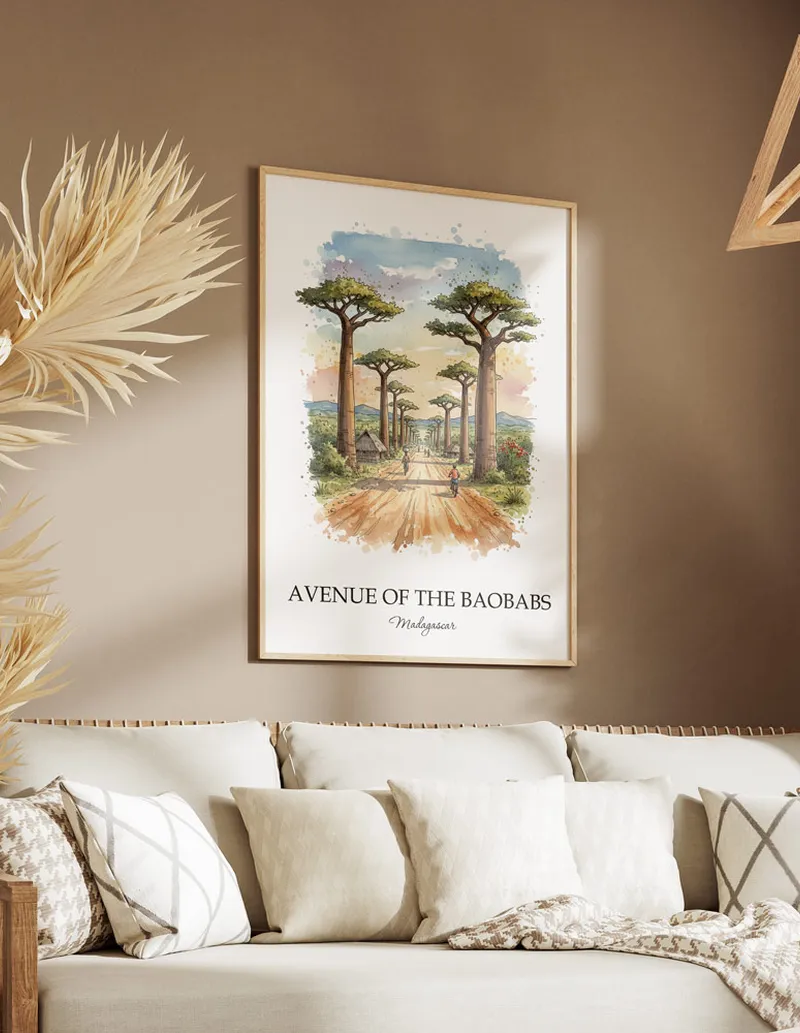 A clean and modern mockup showing a framed Avenue of the Baobabs, Madagascar print on a minimalist background.