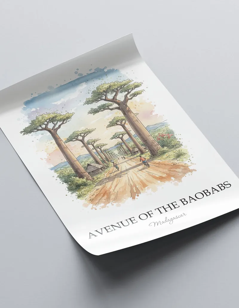 A lovely interior preview showcasing a vintage-vibe travel poster design of the scenic Avenue of the Baobabs in Madagascar.