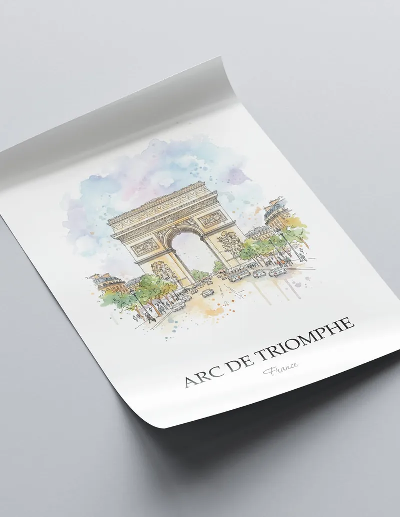 A close-up of a high-quality paper print featuring the Arc de Triomphe in France minimalist design.