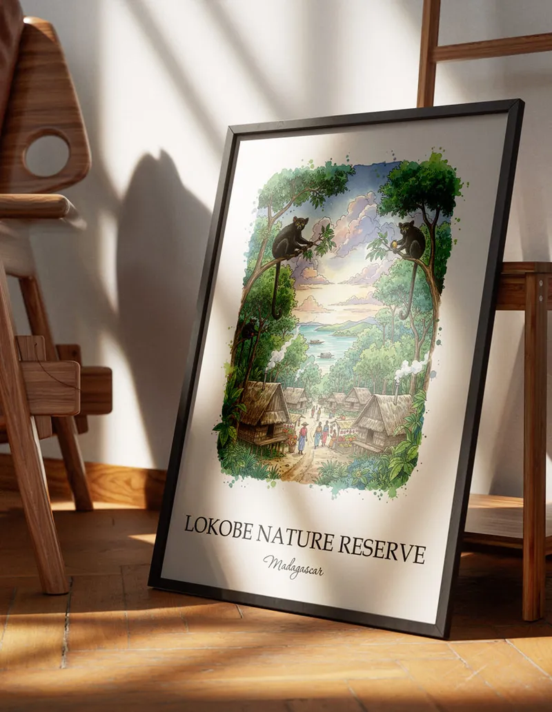 Framed wall art featuring Lokobe Nature Reserve, Madagascar in a light wood frame hanging above a sofa in a modern living room.