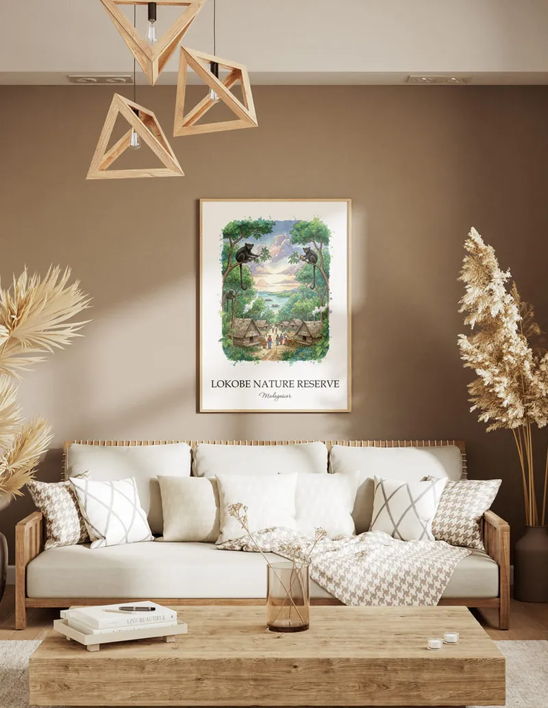 A close-up of a high-quality paper print featuring the Lokobe Nature Reserve in Madagascar minimalist design.