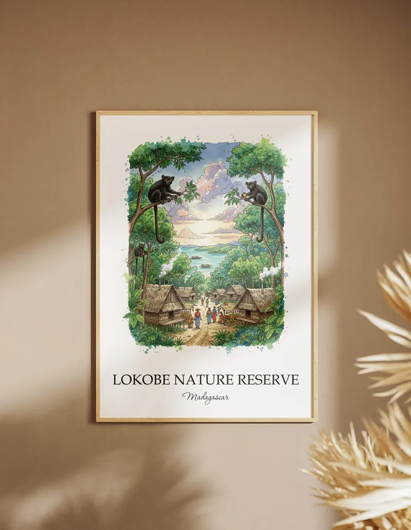 Minimalist poster of Lokobe Nature Reserve in Madagascar in a light frame standing on the floor in a dark moody interior.