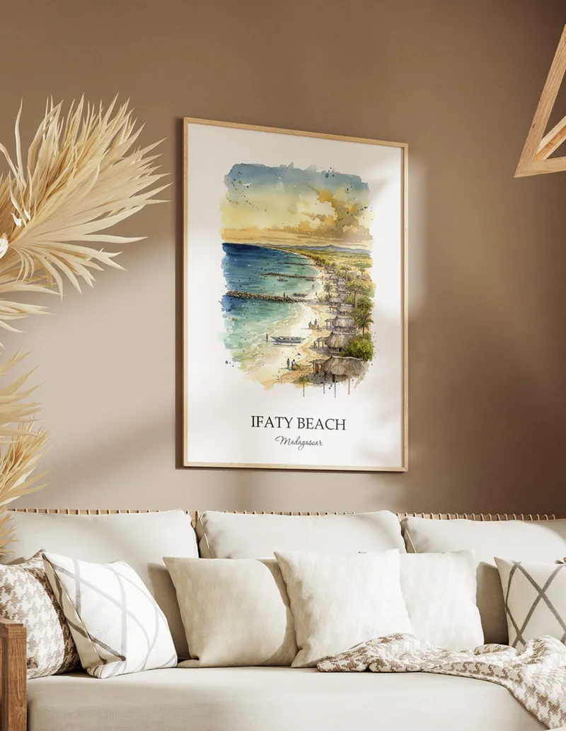 A clean and modern mockup showing a framed Ifaty Beach, Madagascar print on a minimalist background.