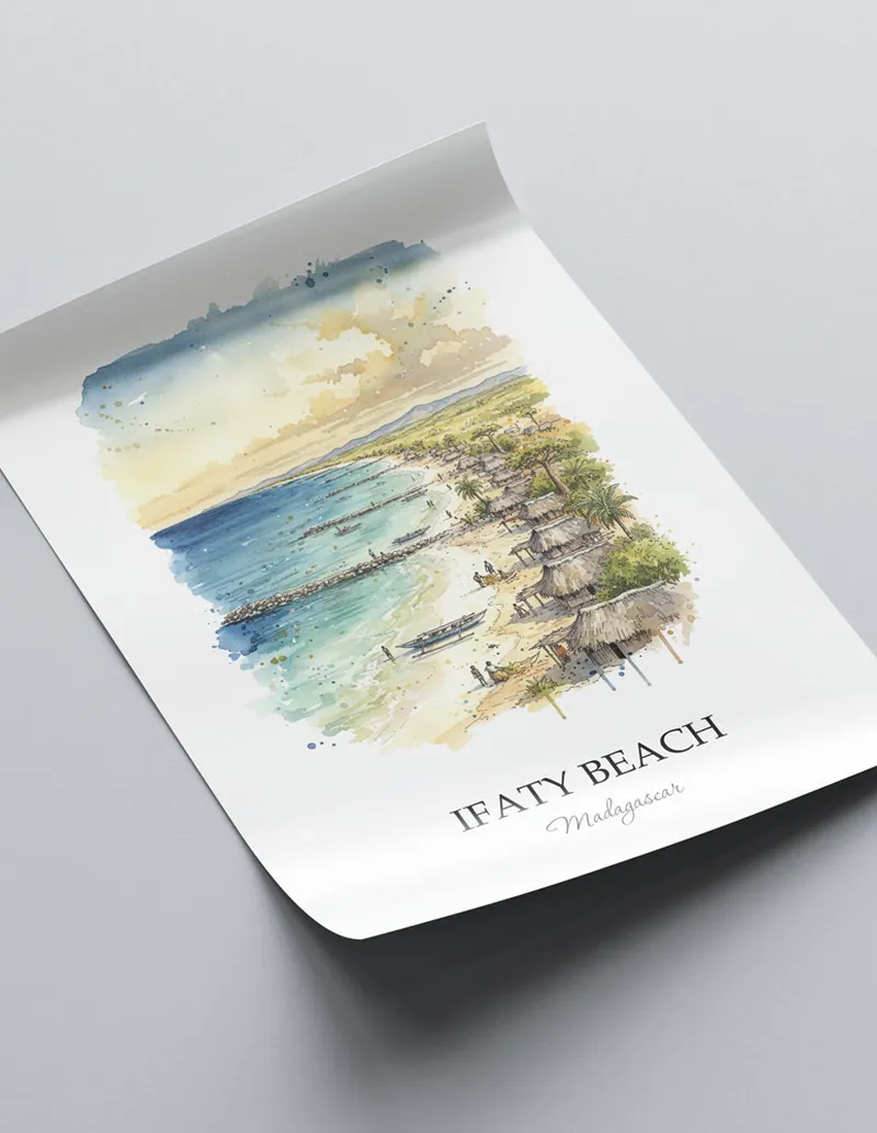 A lovely interior preview showcasing a vintage-vibe travel poster design of the scenic Ifaty Beach in Madagascar.