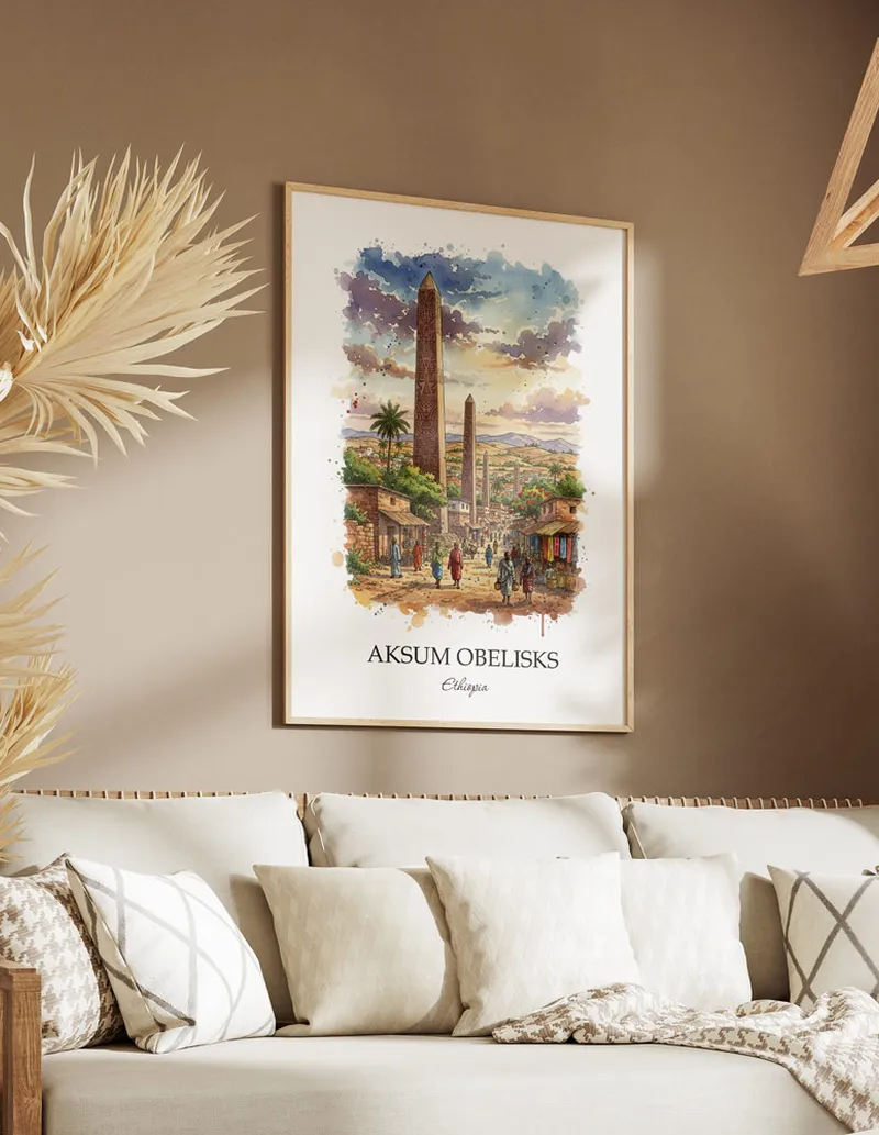 A clean and modern mockup showing a framed Aksum Obelisks, Ethiopia print on a minimalist background.