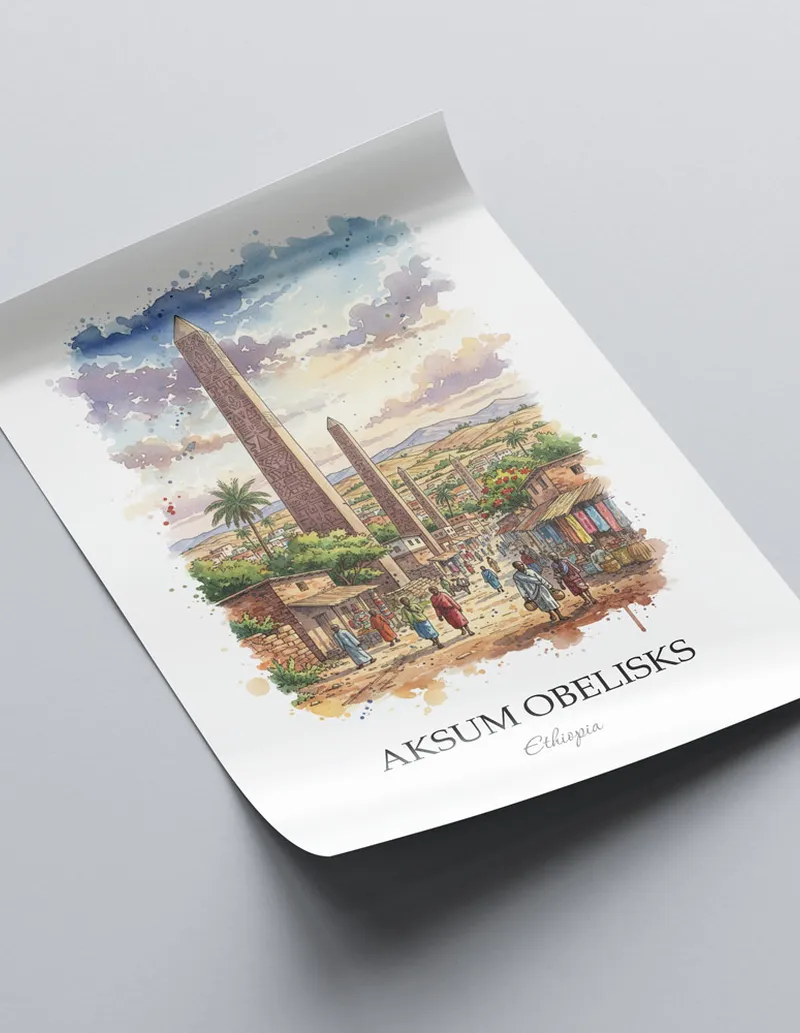 A lovely interior preview showcasing a vintage-vibe travel poster design of the scenic Aksum Obelisks in Ethiopia.