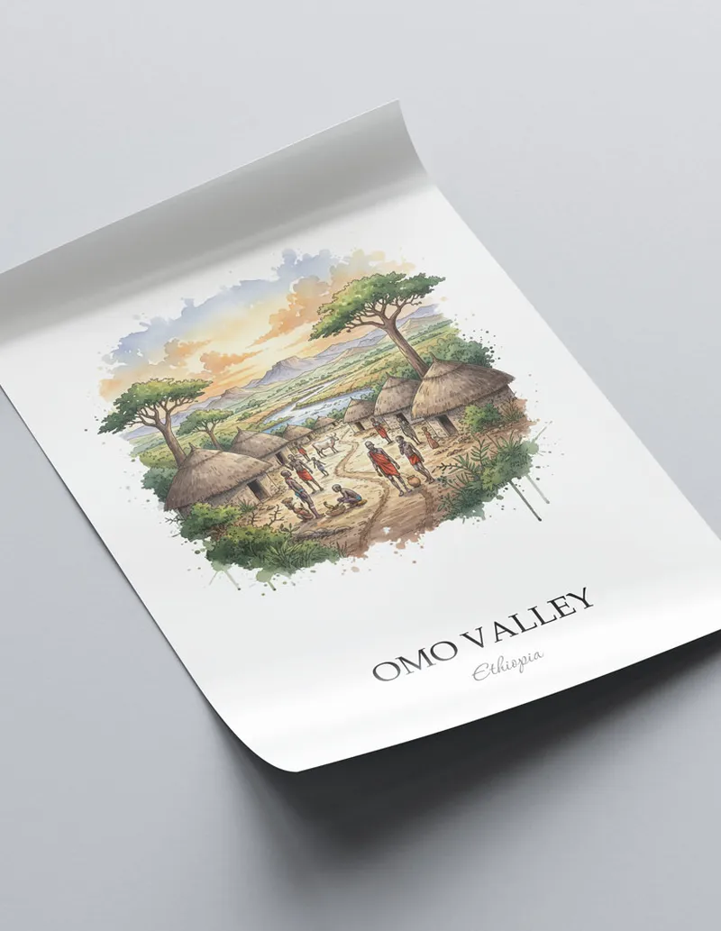 A lovely interior preview showcasing a vintage-vibe travel poster design of the scenic Omo Valley in Ethiopia.