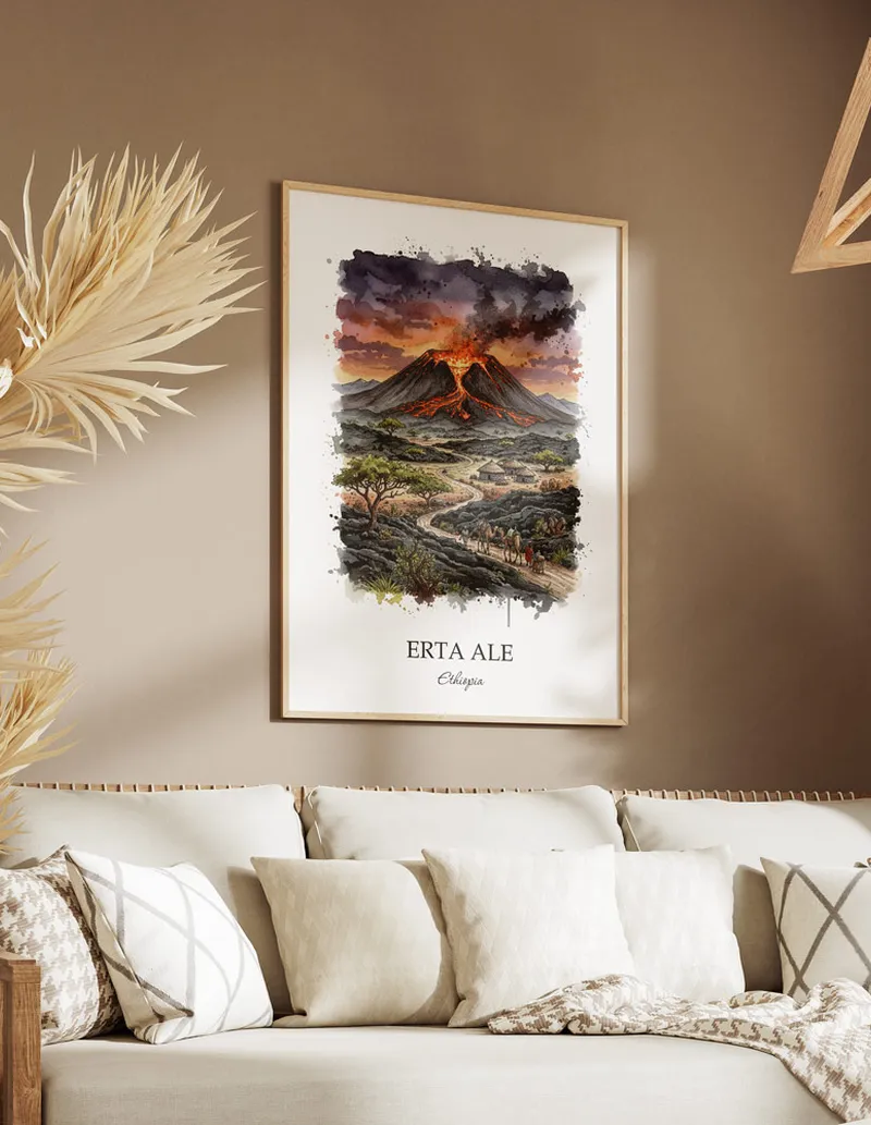 A clean and modern mockup showing a framed Erta Ale, Ethiopia print on a minimalist background.