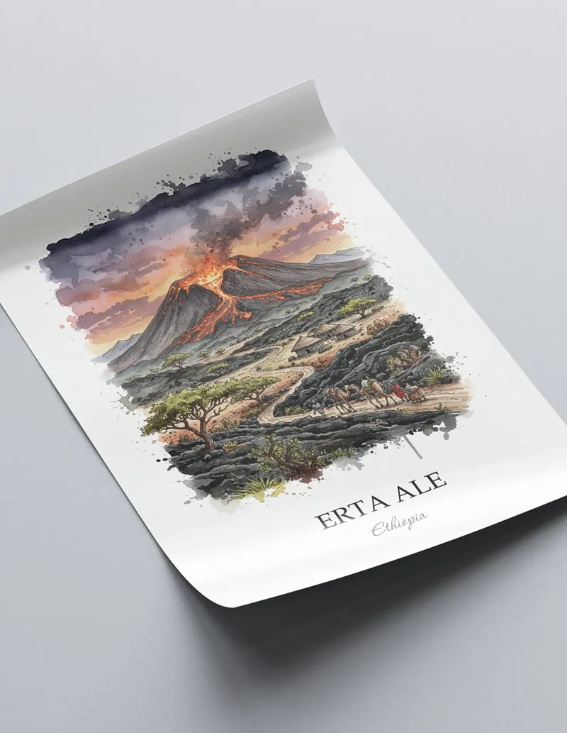 A lovely interior preview showcasing a vintage-vibe travel poster design of the scenic Erta Ale in Ethiopia.