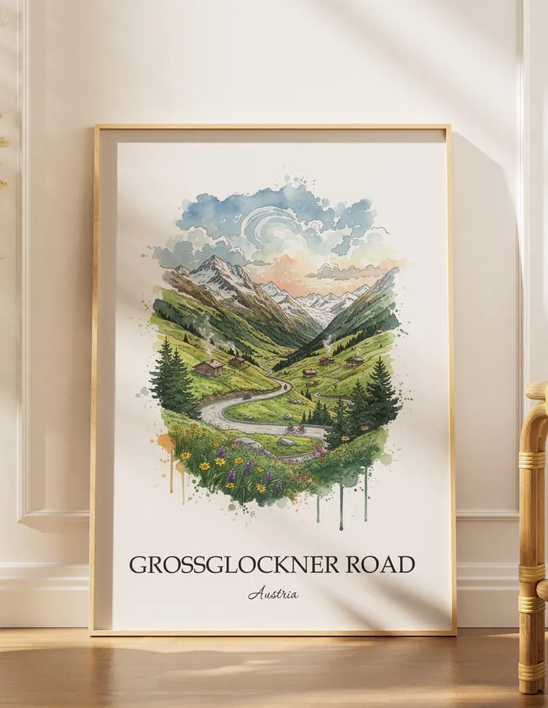 Framed wall art featuring Grossglockner Road in Austria in a light wood frame leaning on the floor.
