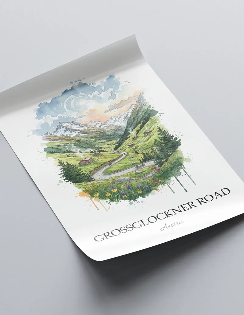 A close-up of a high-quality paper print featuring the Grossglockner Road in Austria minimalist design.