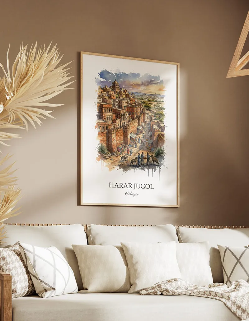 A clean and modern mockup showing a framed Harar Jugol, Ethiopia print on a minimalist background.