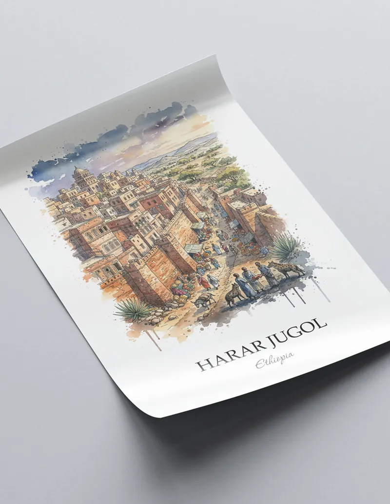 A lovely interior preview showcasing a vintage-vibe travel poster design of the scenic Harar Jugol in Ethiopia.