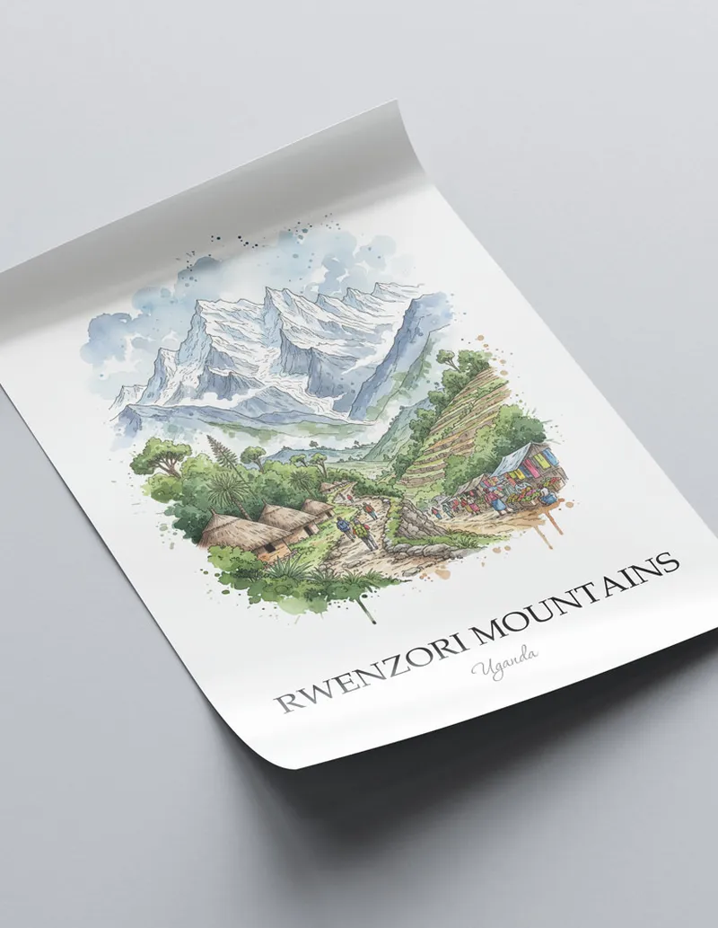 A lovely interior preview showcasing a vintage-vibe travel poster design of the scenic Rwenzori Mountains in Uganda.